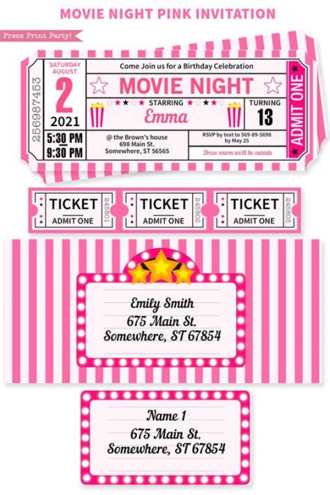 Movie Night Invitation Printables PINK, w. Ticket Stubs - Press Print ...