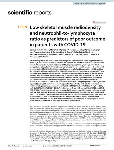 Pdf Low Skeletal Muscle Radiodensity And Neutrophil To Lymphocyte