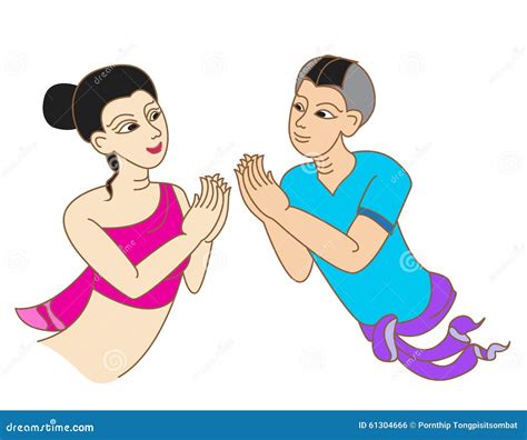 Thai Cartoon Lady And Man Greeting Character Stock Illustration