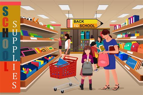 Kids With Their Parents Buying School Supplies Stock Vector - Image: 57753519