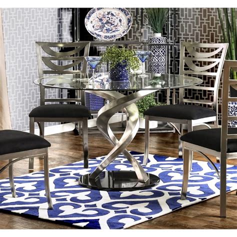 Furniture Of America Halliway Glass Top Round Dining Table In Silver