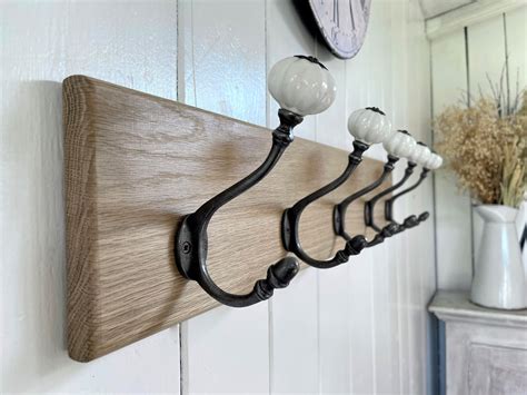 Vintage Style Oak Coat Rack Handmade Acorn White Hooks Etsy UK