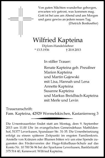 Traueranzeigen Von Wilfried Kapteina Wirtrauern