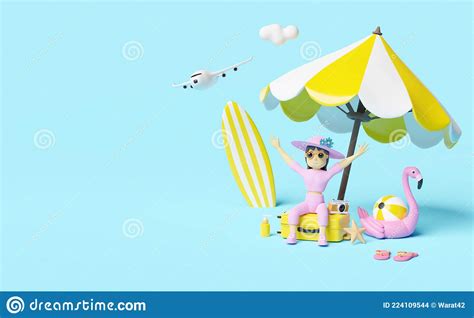 Summer Travel With Woman Sitting On Yellow Suitcase And Surfboard Umbrella Inflatable Flamingo