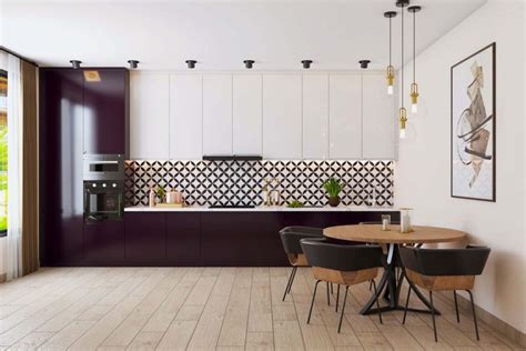 Light Brown Kitchen Flooring Design With Subway Pattern | Livspace