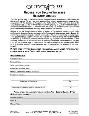 Fillable Online Questar Wireless Network Access Form Questar III Fax