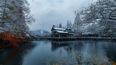 Picture China Hangzhou Winter Snow Lake Parks Houses 2560x1440