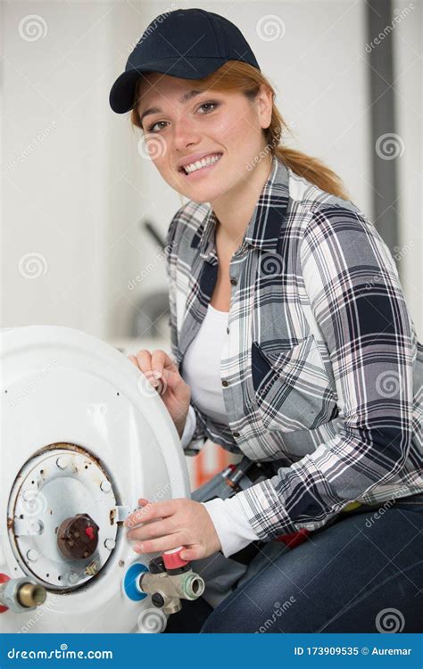 Female Engineer Checking Boiler Stock Image Image Of Radiator White