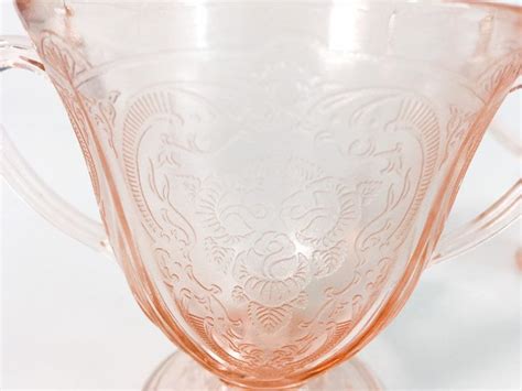 Pink Depression Glass Sugar And Creamer W Etched Garland Art Deco Depression Glass Antique