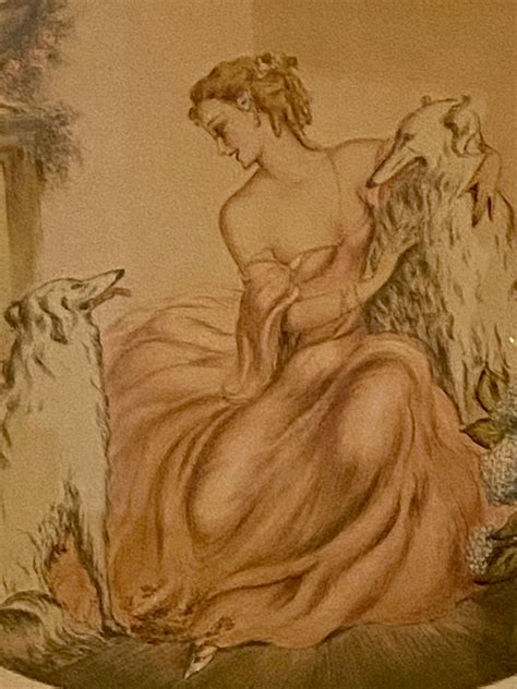 French Art Deco Colored Lithograph Of Woman With Wolfhounds Signed