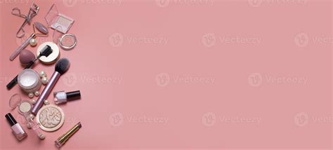 Pink Beauty Background With Facial Cosmetic Make Up Products Free Space For Text Copy Space