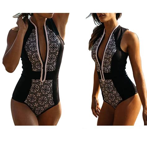 Beach Sexy Woman Retro Print Zipper Piece Swimsuit Swimwear Bikini Suit