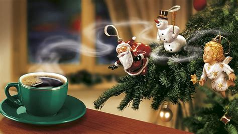 Wallpaper New Year Coffee Christmas Tree Santa Claus Snowman