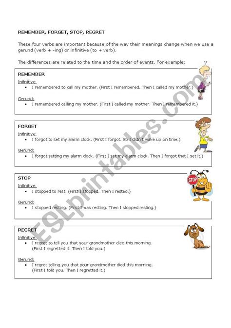 Remember Forget Stop Regret Esl Worksheet By Michaeljames