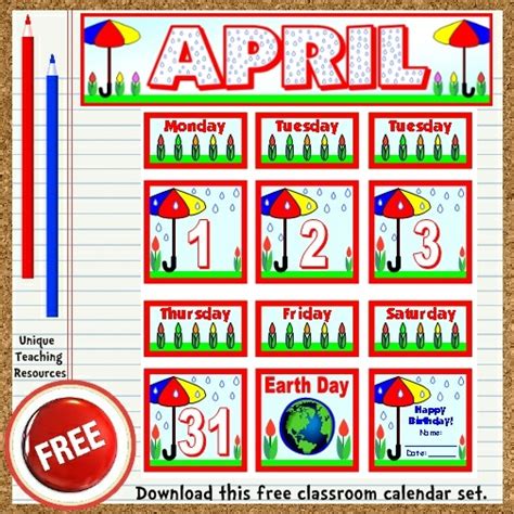 Free Printable April Classroom Calendar For School Teachers