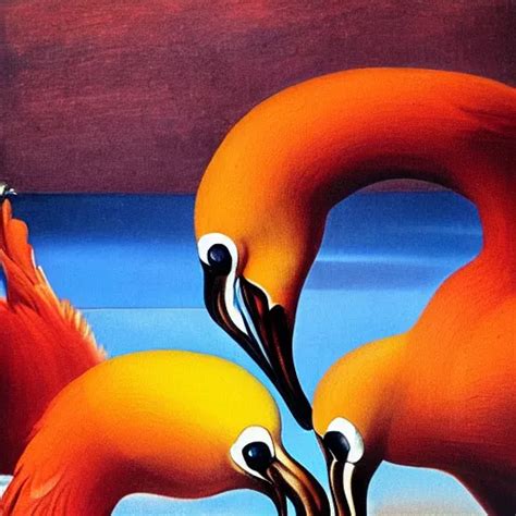 Pair Of Dancing Flamingos With A Flying Egg Oil Stable Diffusion