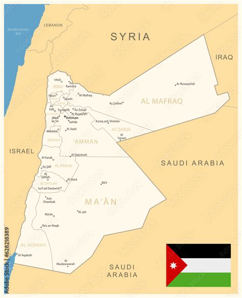 Jordan - detailed map with administrative divisions and country flag ...