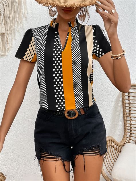 Shein Frenchy Polka Dot And Geo Print Notched Neckline Blouse For Sale