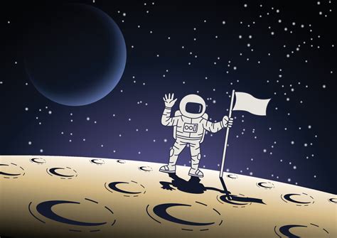 Astronauta De Dibujos Animados Levantando La Bandera En La Luna