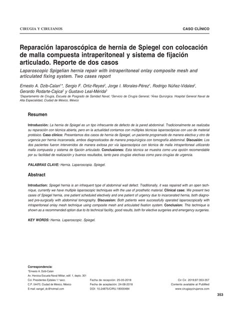 PDF Reparación laparoscópica de hernia de Spiegel con colocación de