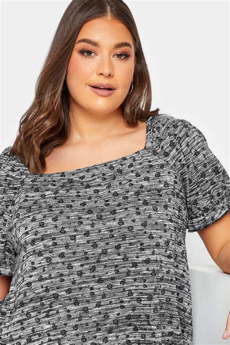 Yours Plus Size Charcoal Grey Marl Ditsy Floral Top Yours Clothing