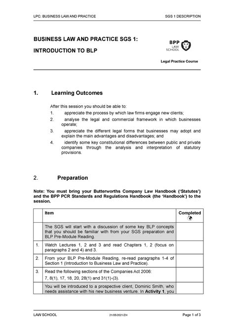 BLP SGS 1 SGS 1 LPC BUSINESS LAW AND PRACTICE SGS 1 DESCRIPTION