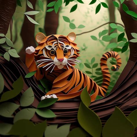 Premium AI Image | A cute filigree paper tiger in the jungle Paper art ...