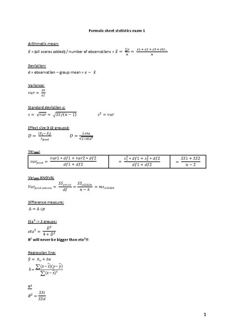 Formule Sheet Exam 1 1 Formula Sheet Statistics Exam 1 Arithmetic