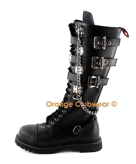 Demonia Gravel 23 Mens Punk Black Leather Buckle Chain Combat Knee