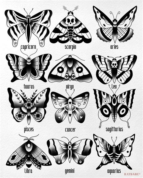 American Traditional Zodiac Sign Butterflies And Moths Etsy Moth Tattoo Moth Tattoo Design