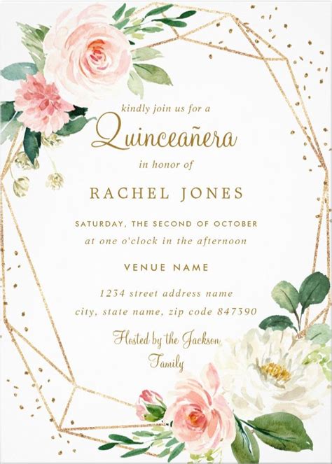 Blush Gold Floral Geometric Quinceanera Invitation Zazzle