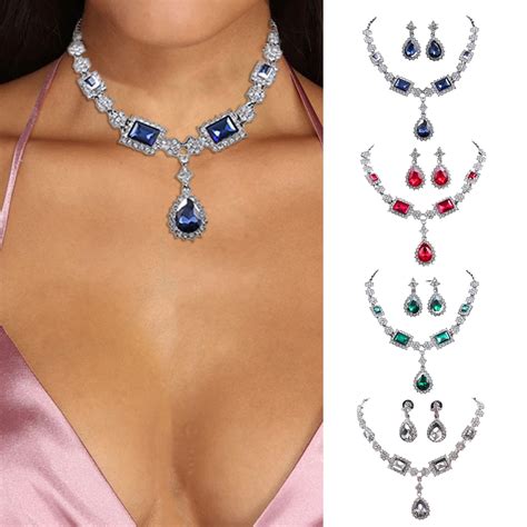 Hesroicy Pcs Set Necklace Earrings Set Faux Crystal Geometric Wedding