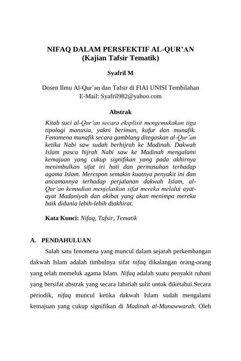 Pdf Nifaq Dalam Persfektif Al Quran Kajian Tafsir Tematik