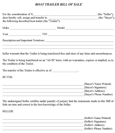 Free Printable Boat Trailer Bill Of Sale Forms Pdf Word