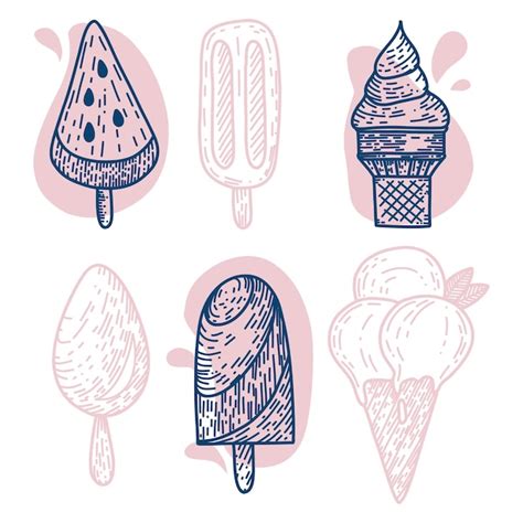 Premium Vector Ice Cream Hand Drawn Pink And Blue Doodle Set Vector