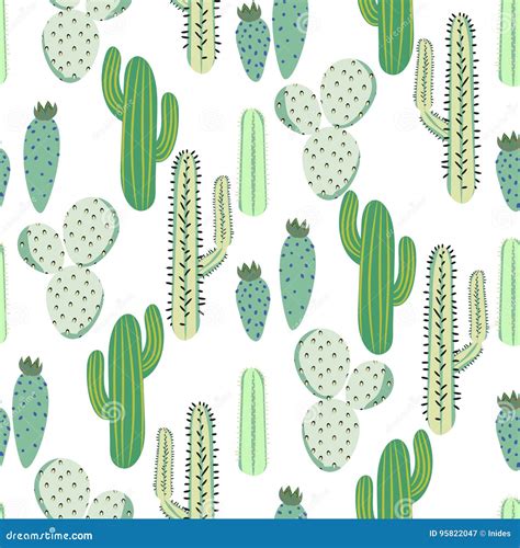 Various Cacti Desert Vector Seamless Pattern Abstract Thorny Plants Nature Fabric Print Stock