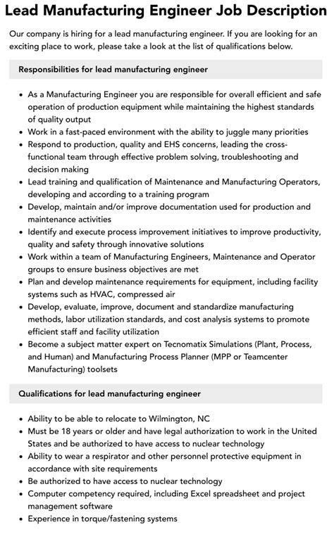 Lead Manufacturing Engineer Job Description Velvet Jobs