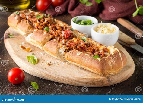 Baguette Stuffed With Bolognese Ragout Of Minced Beef Tomatoes And