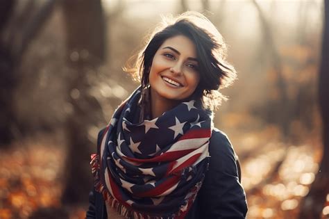 Premium AI Image | Beautiful young woman wearing a american flag scarf