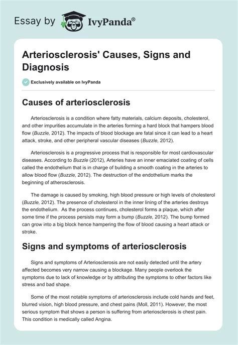 Arteriosclerosis' Causes, Signs and Diagnosis - 575 Words | Essay Example