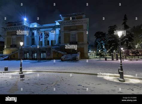 Museo del Prado, Prado Museum ,covered by snow at night, Madrid, Spain ...