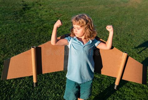 Superhero Child Shows Muscles Strong Kid Success Motivation Concept