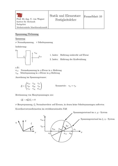 Formelblatt Statik Und Elementare Formelblatt Prof Dr Ing U