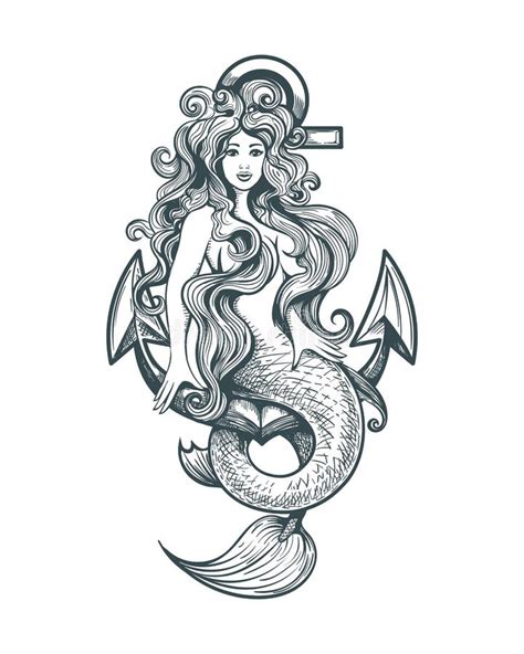 Mermaid On Anchor Tattoo In Retro Style Stock Illustration