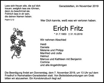 Traueranzeigen Von Erich Fritz Zvw Trauer