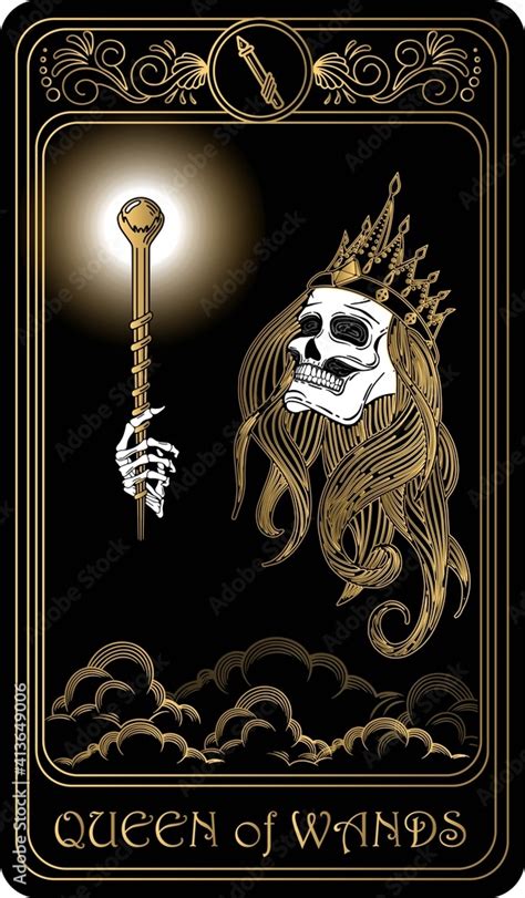 Queen Of Wands Card Of Minor Arcana Black And Gold Tarot Cards Tarot