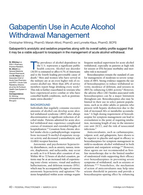 Pdf Gabapentin Use In Acute Alcohol Withdrawal Management