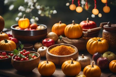 premium photo  table full  food including pumpkins vegetables
