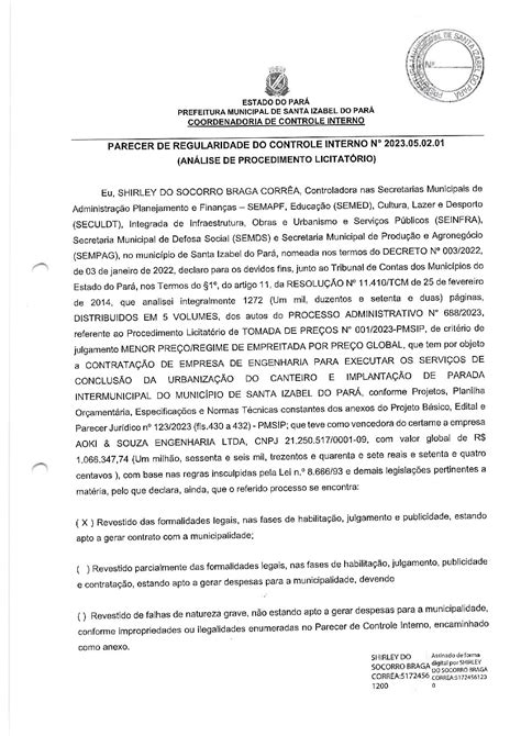 Parecer Do Controle Interno Prefeitura Municipal De Santa Izabel Do