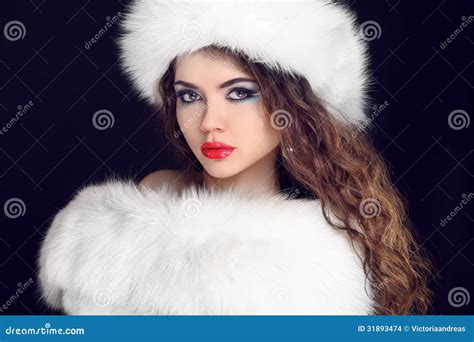 Beautiful Girl Wearing In White Fur Coat And Furry Hat Winter W Stock